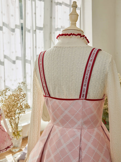 Pink and Red Trimming Lace-up Front Lolita Jumper Skirt