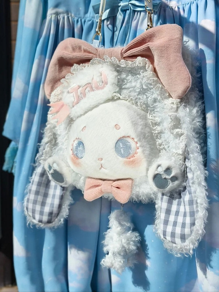 Sweet Lolita Blue Plaid Lop Ear Bunny Plush Bag with Pink Bowknots
