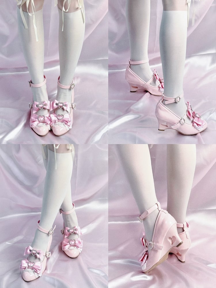 Light Pink Gyaru Fashion Heart Cut-out Wedge Heels Mary Janes Jirai Kei Shoes