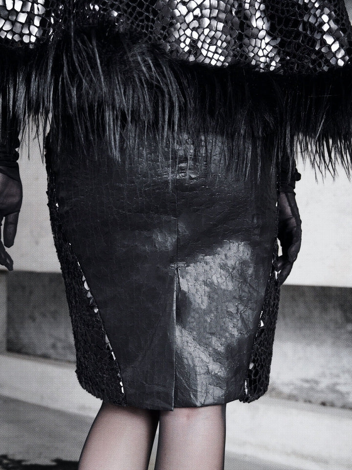 Black Cracked PU Leather Skirt Goth Office Lady A-line Skirt