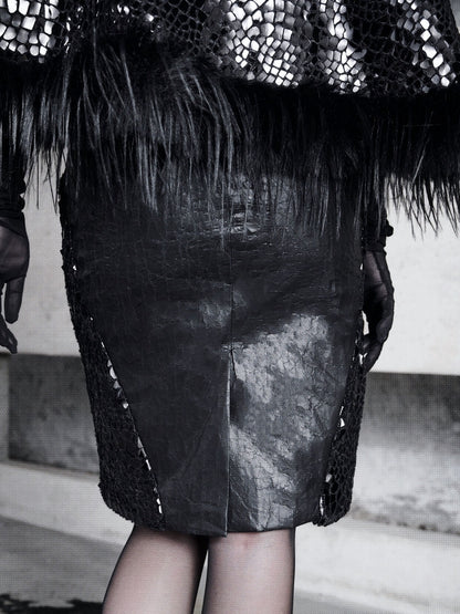 Black Cracked PU Leather Skirt Goth Office Lady A-line Skirt