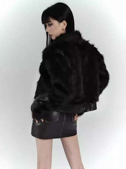 Black Zip Closure Shaggy PU Jacket