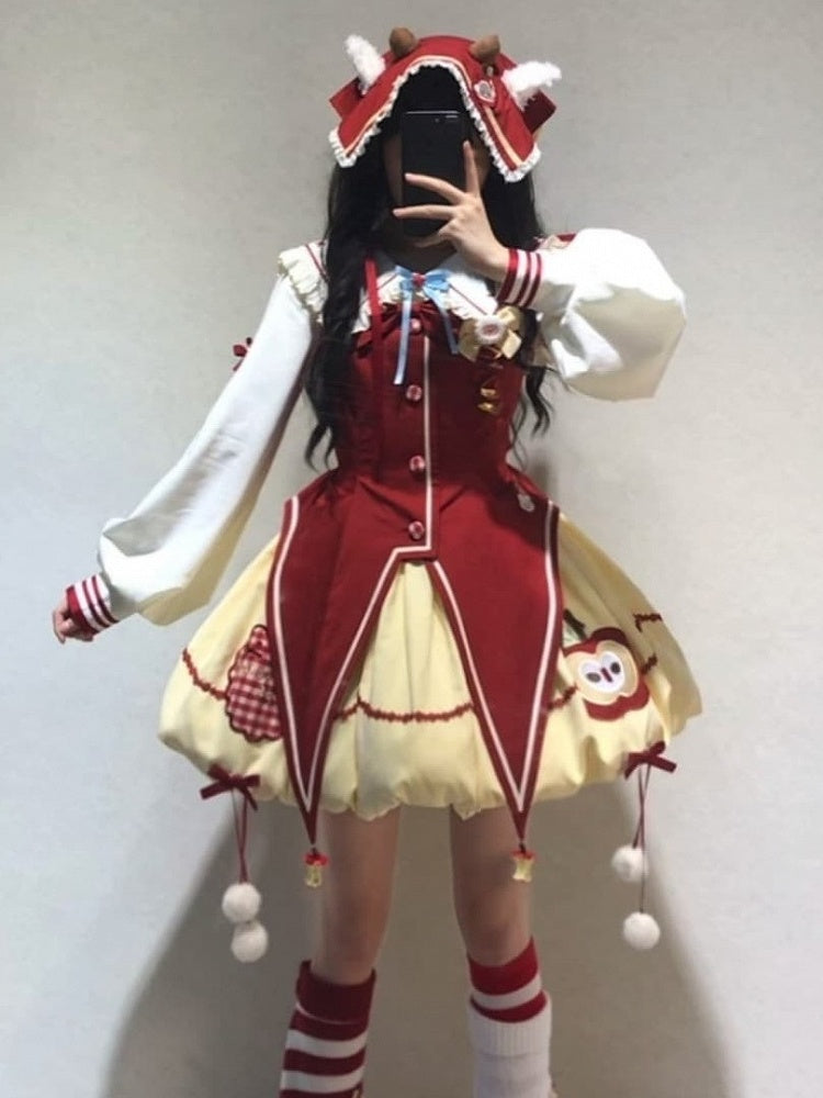 Yellow & Red Apple Embroidered Sweet Clown Lolita JSK Dress + Beige Ruffled Blouse Set