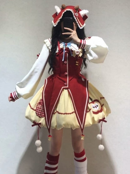 Yellow & Red Apple Embroidered Sweet Clown Lolita JSK Dress + Beige Ruffled Blouse Set