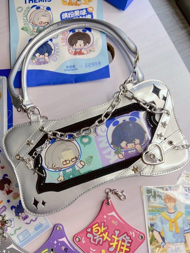 Silver & Black Bone Shape Ita Shoulder Bag with Cross Charm Chain