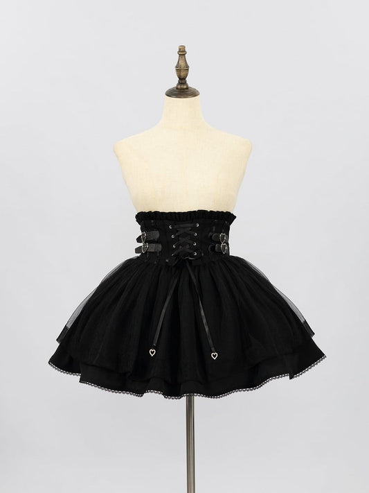 Buckle Straps and Lace-up Front High Waist Tulle Overlay Jirai Kei Black Skirt