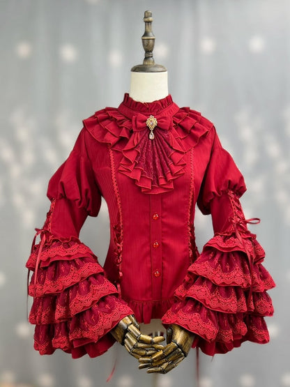 Red Ruffle Neckline Layered Bell Sleeves Kuro Gothic Lolita Shirt with Jabot Tie