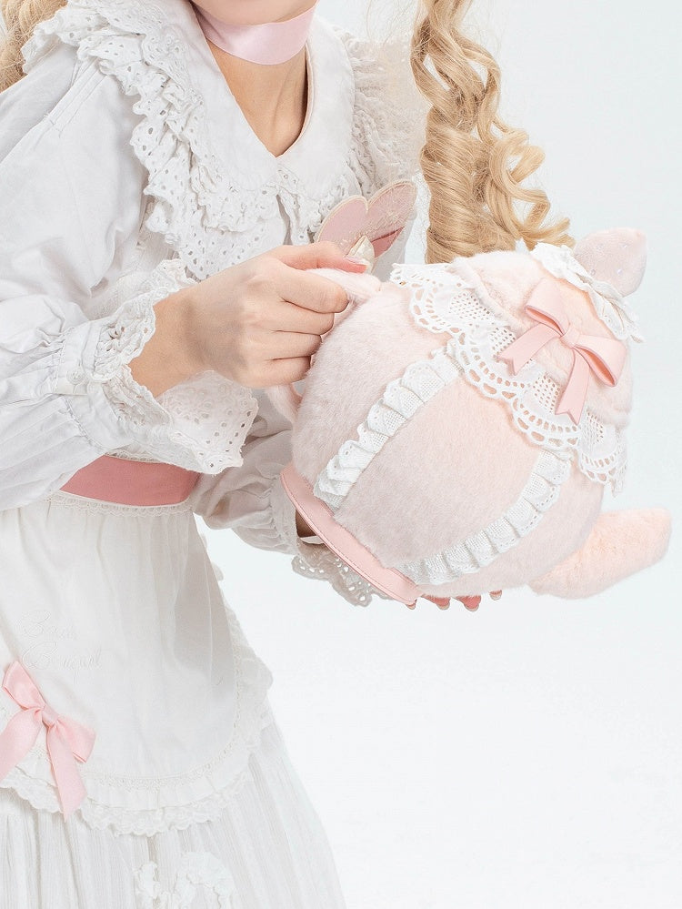 Pink Sweet Lolita Bowknot And Strawberry Decorated Lace Trim Plush Teapot Hand/Crossbody Bag