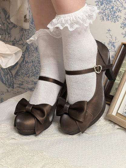 Brown PU Leather High-heel Shoes in Elegant Lolita with Rhinestone Heart Accent & Bow at Top