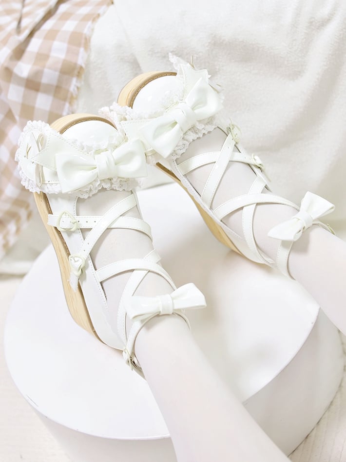 Polished White Bunny Ear Bowknot Old School Sweet Lolita Platforms