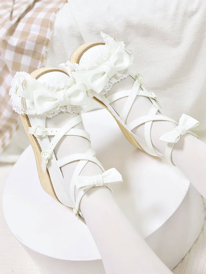 Polished White Bunny Ear Bowknot Old School Sweet Lolita Platforms