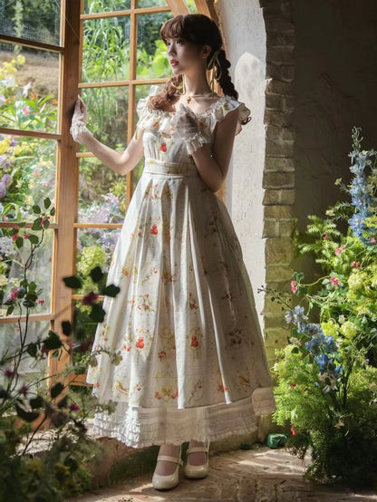 Hawthorn and Bird Print White Square Neckline Elegant Classic Lolita Dress with Waist Belt