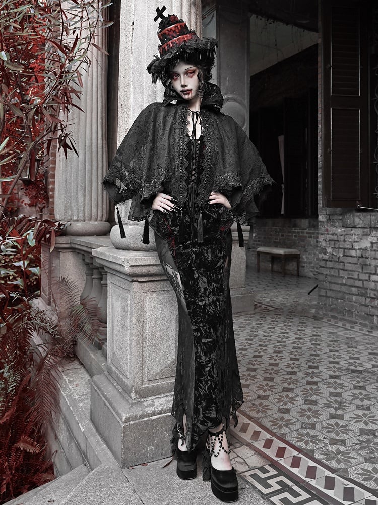 Black Goth Vampire Stand Collar Lace Shawl Cape Tassels Hem