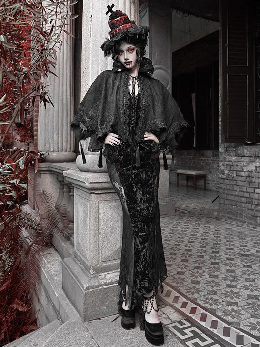 Black Goth Vampire Stand Collar Lace Shawl Cape Tassels Hem