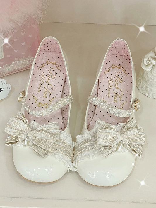 White Beaded Decorated Bow at Top 2.5CM/5CM Block Heels Round Toe Shoes