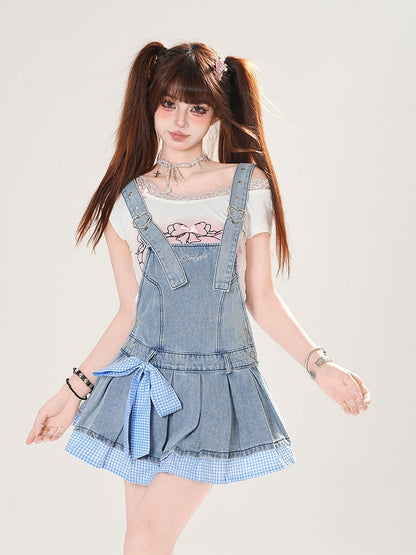Blue Plaid Hem and Bowknot Box Pleat Adjustable Straps Denim Overall Dress