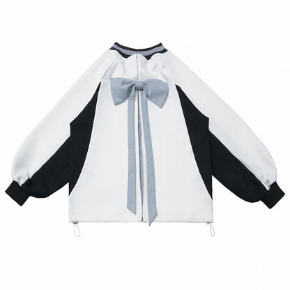 White V-Neck Regular/Back Bow Baseball-Style Sweatshirt with Front Numeric Design