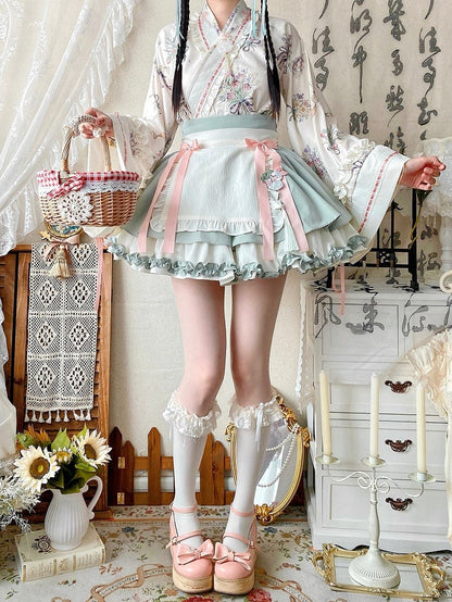 Light Green Herbal Medicine Crossover Neckline Top + Skirt Han Lolita Set