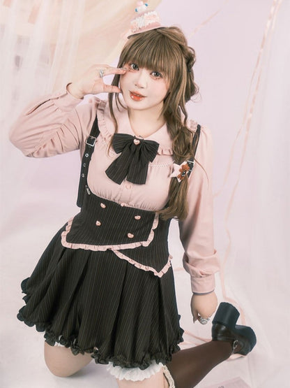 Plus Size Black Striped Ruffled Trim Set: Overall Skirt with Adjustable Straps & Elastic Waist Bloomers