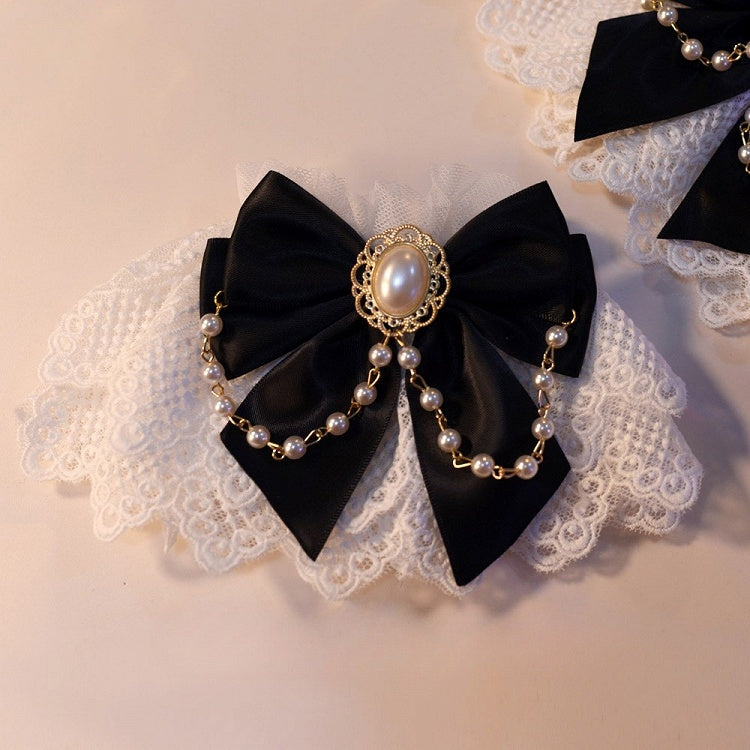 Black/White Beaded Charm Bowknot Decorated Lace Wrist Cuffs