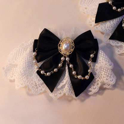 Black/White Beaded Charm Bowknot Decorated Lace Wrist Cuffs