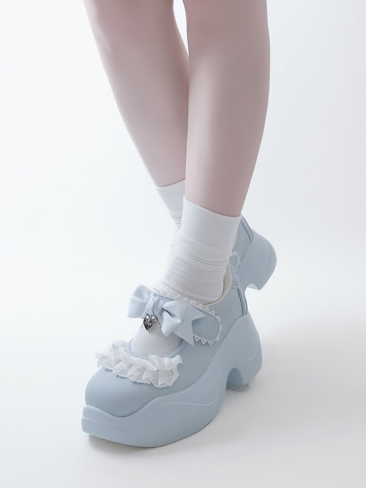 Light Blue Lace Trim Bowknot Velcro Strap Closures Jirai Kei Platforms