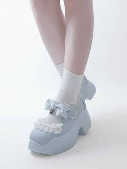 Light Blue Lace Trim Bowknot Velcro Strap Closures Jirai Kei Platforms