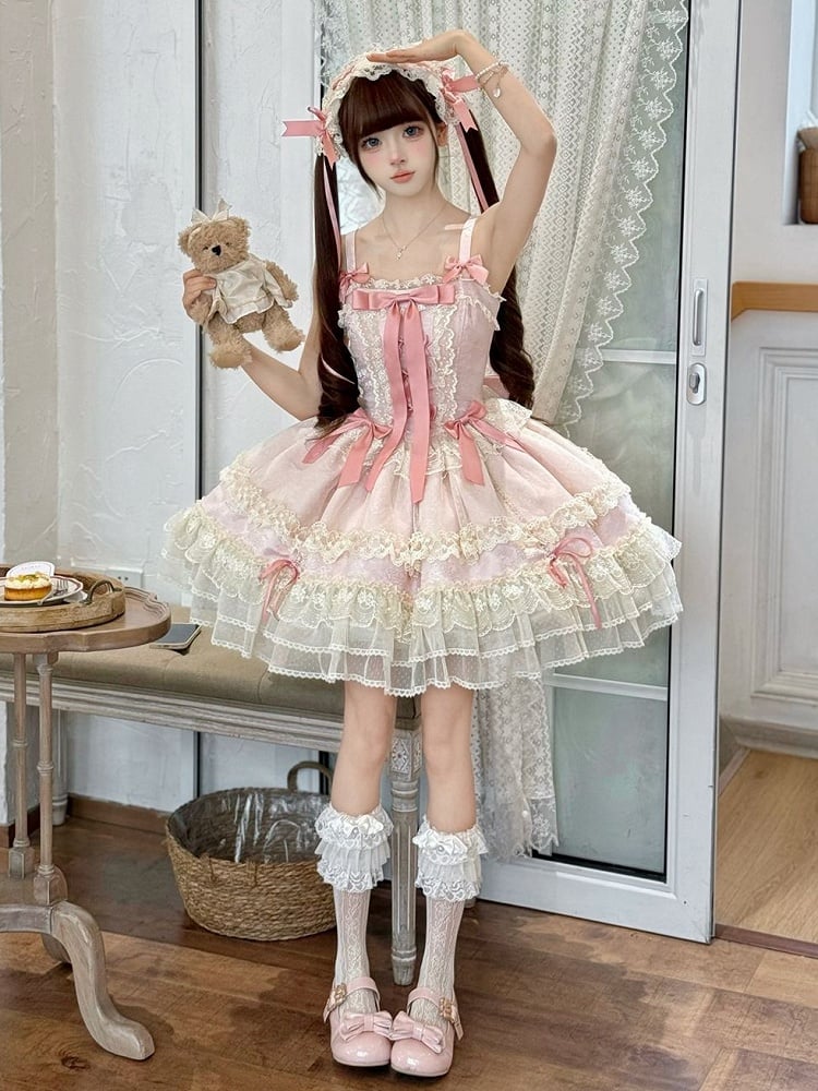 Pink Balletcore Lolita Dress Bowknots Decorated Sweet Jumper Skirt