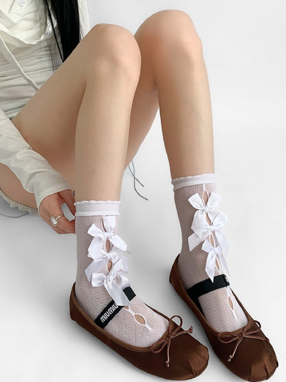All White/Black&White/All Black Bowknot Details Cut-out Design Calf Socks