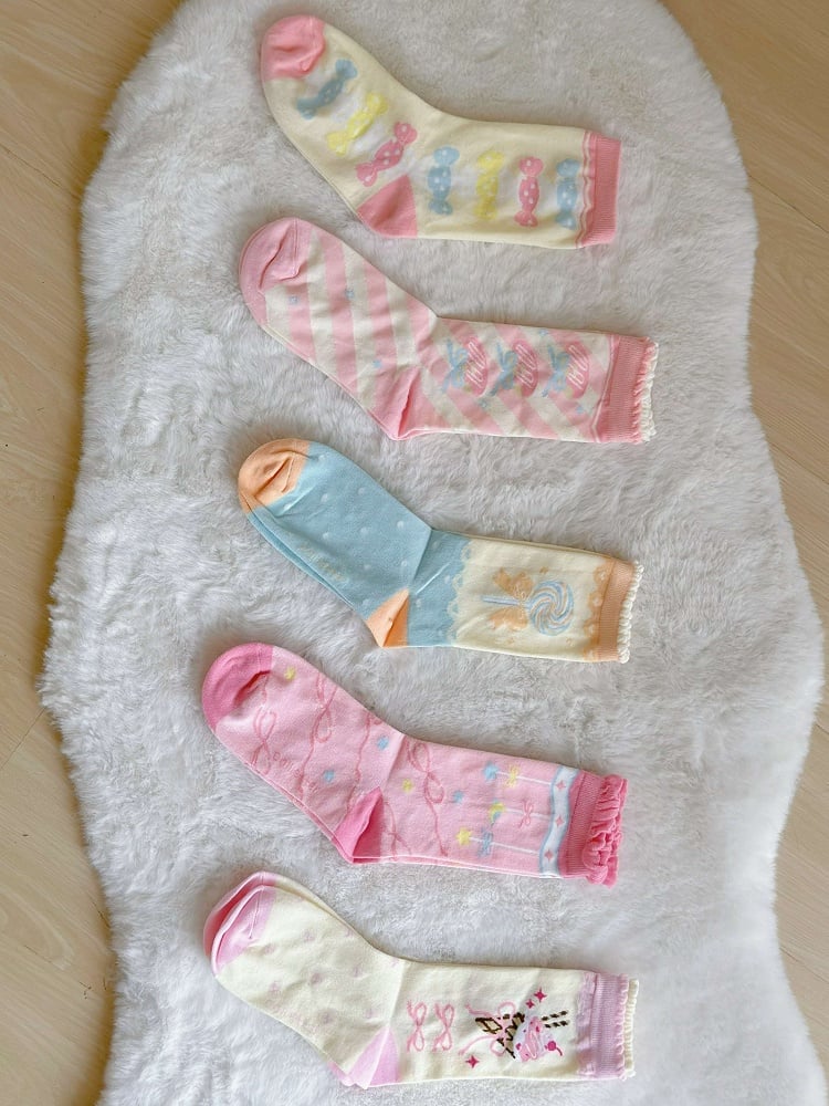 Pink/Blue Cookie/Candy/Ice Cream/Lollipop/Bowknot Print Lolita Calf Socks