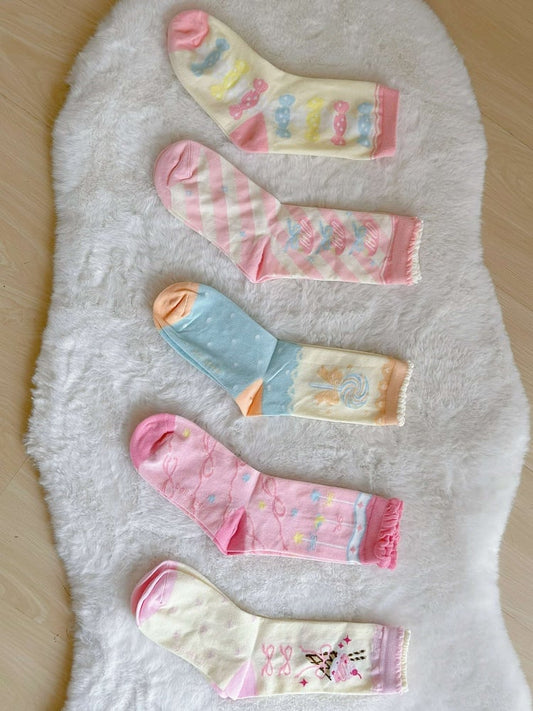 Pink/Blue Cookie/Candy/Ice Cream/Lollipop/Bowknot Print Lolita Calf Socks
