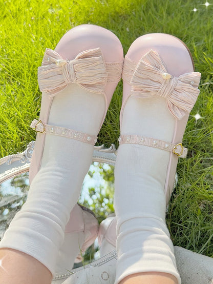 Strawberry Pink Beaded Decorated Bow at Top Heart Buckle Round Toe Lolita Shoes