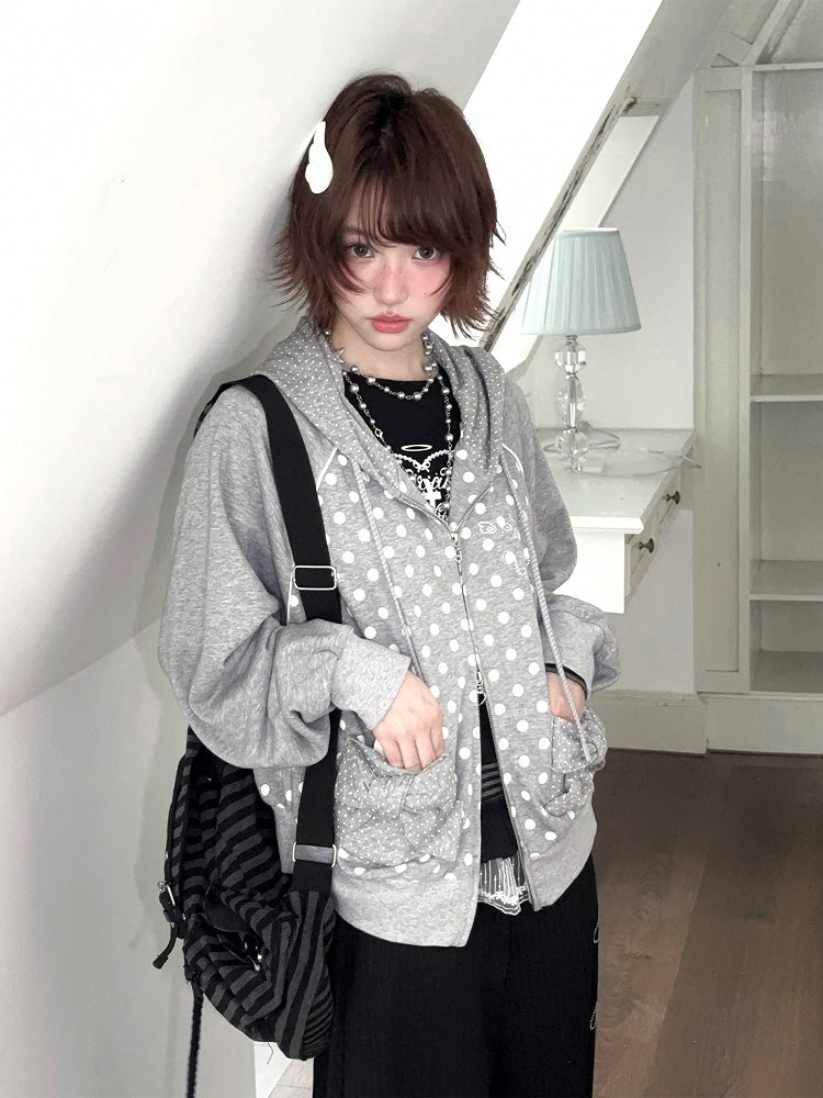 Black / Gray Polka Dot Raglan Sleeve Hoodie Jacket with Decorative Bow