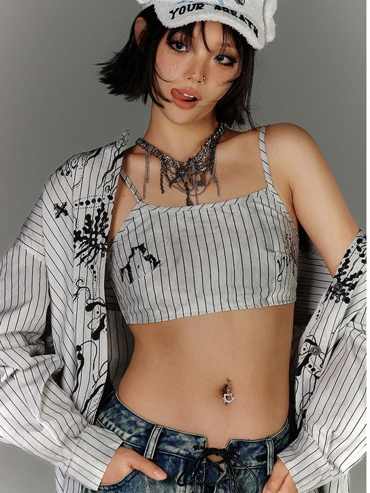 Black & White Stripes Graffiti Distressed Cropped Cami Top
