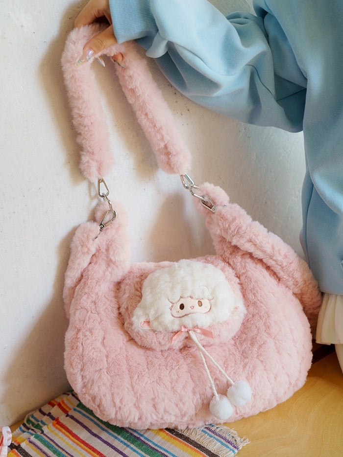 Pink Cute Little Lamb Plush Shoulder Bag With Pompons