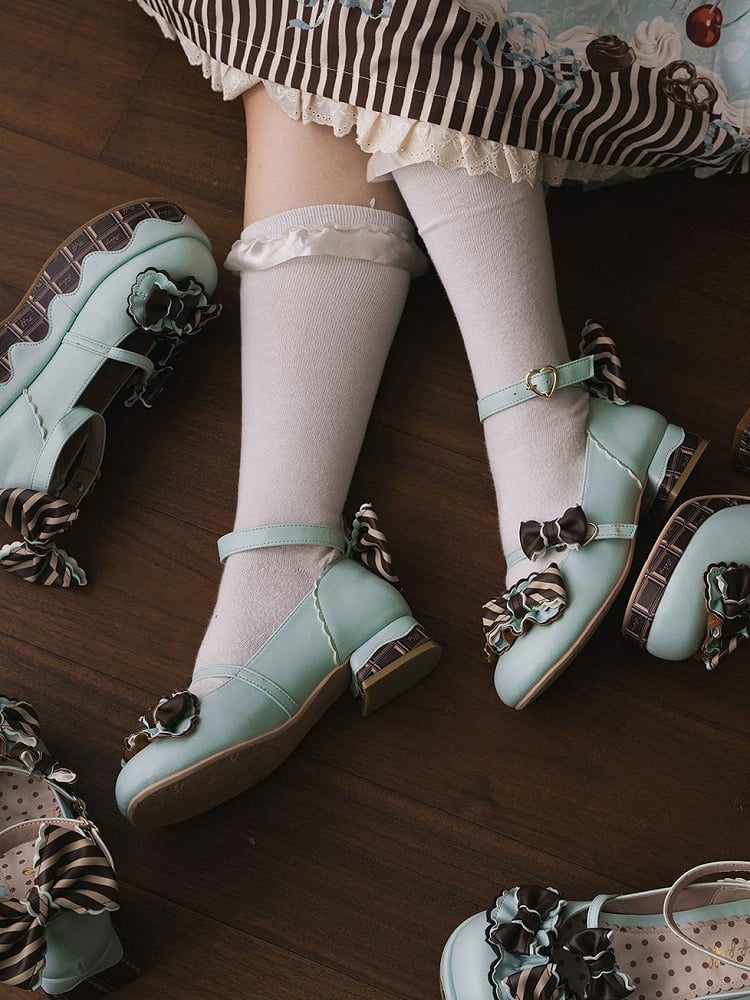 Green&Brown Striped Pattern Bowknot Details Heart Buckle Lolita Shoes