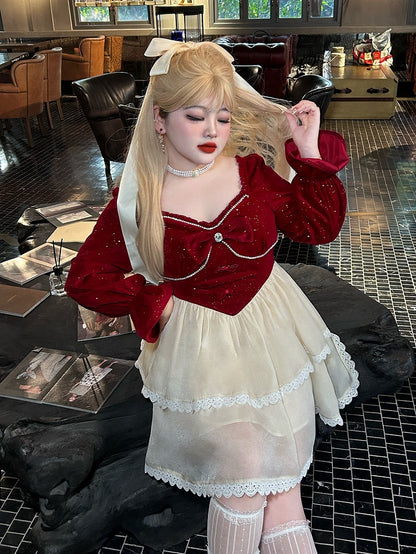 Plus Size Bowknot Details Red and White Basque Waist Sweet Dress