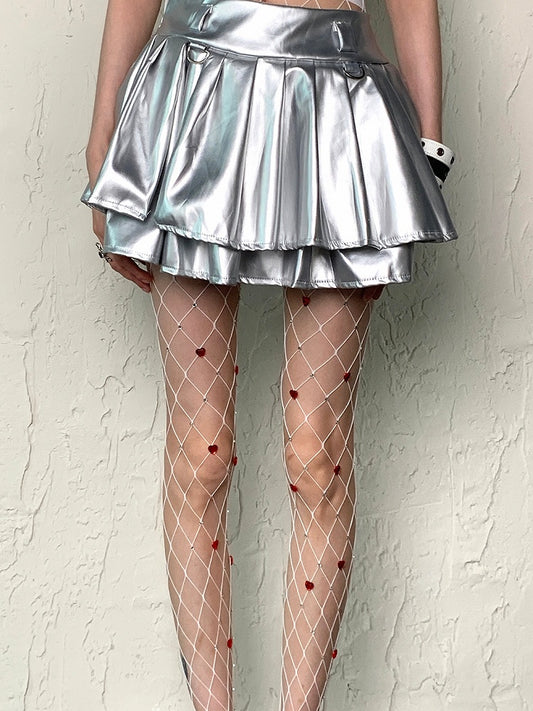 Black/White Y2K Heart Details Rhinestone Decorated Fishnet Tights