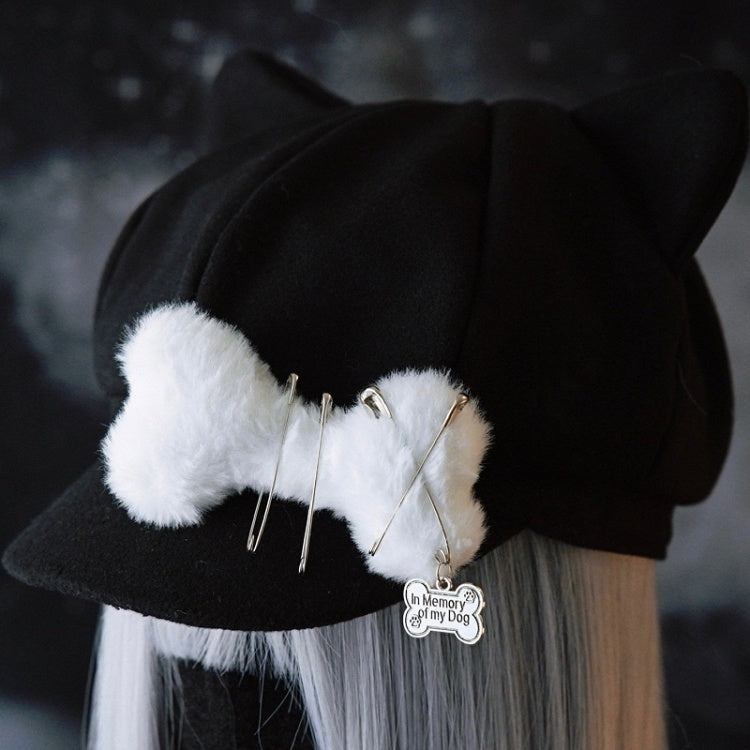 Black Gothic Pin Decorated Plush Bone Design Cat Ear Beret Hat