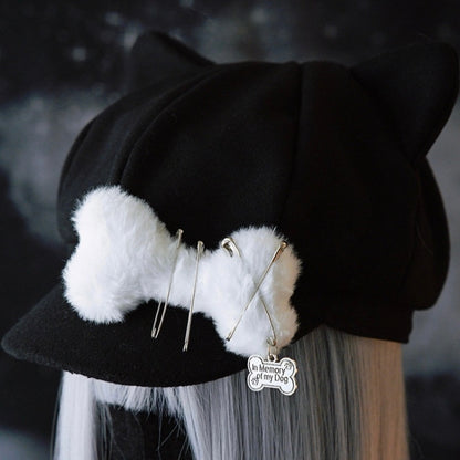 Black Gothic Pin Decorated Plush Bone Design Cat Ear Beret Hat