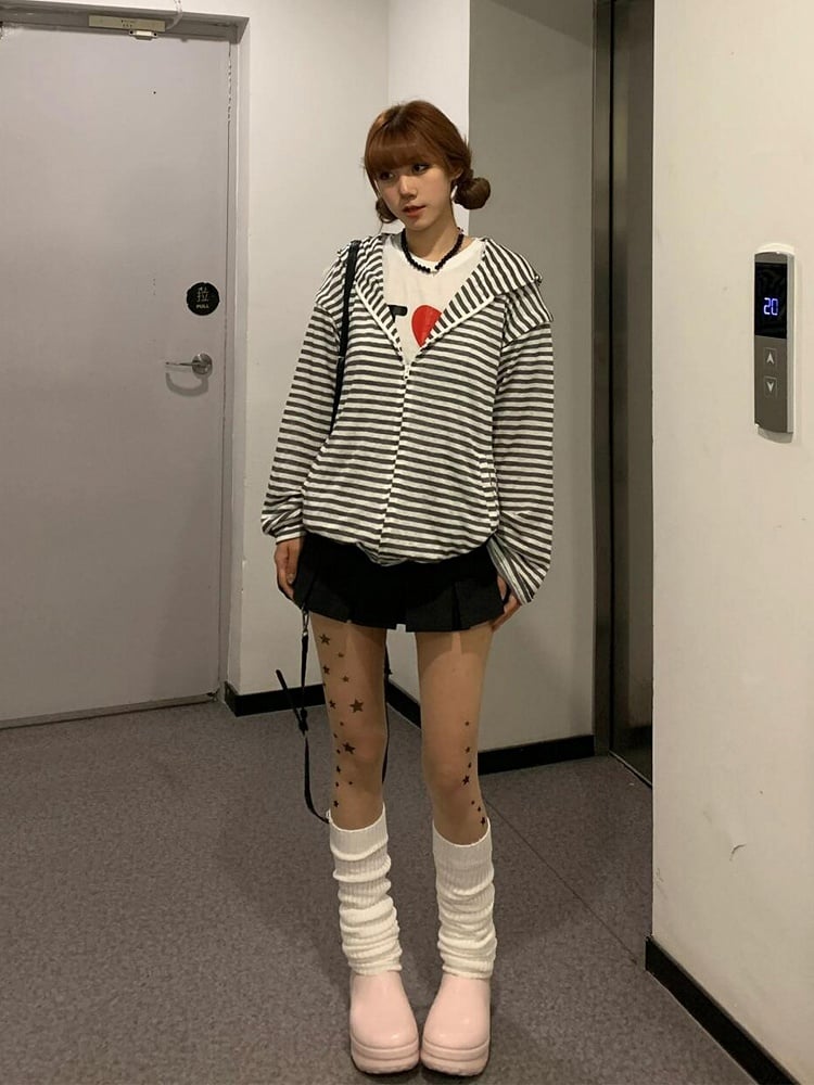 Black & White Striped Bunny Ear Hoodie with Detachable Sleeves