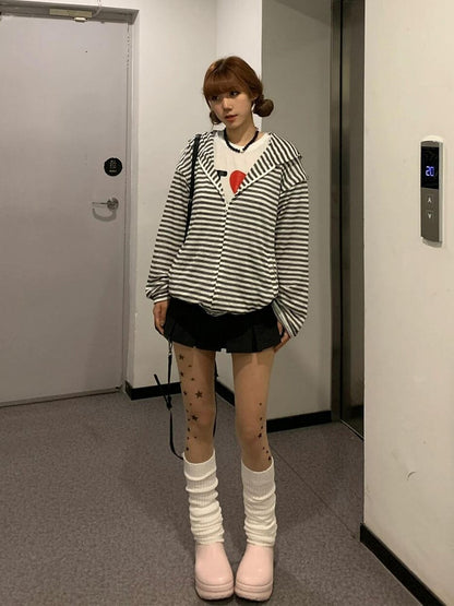 Black & White Striped Bunny Ear Hoodie with Detachable Sleeves