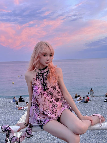 Gyaru Fashion Pink Leopard and Rose Print Cascading Ruffle Self-tie Halter Top