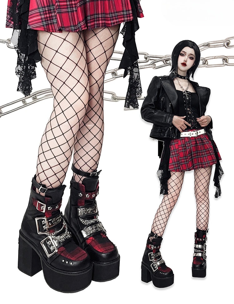 Black & Red Punk Rectangle Metal Plates Buckle Straps Platform High Block Heels with Studs and Chain