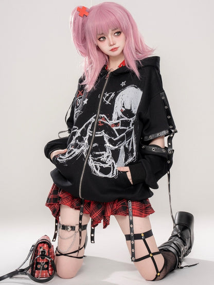 Punk Black/Beige Comic Girl Print Cutout Sleeves Zip Hoodie