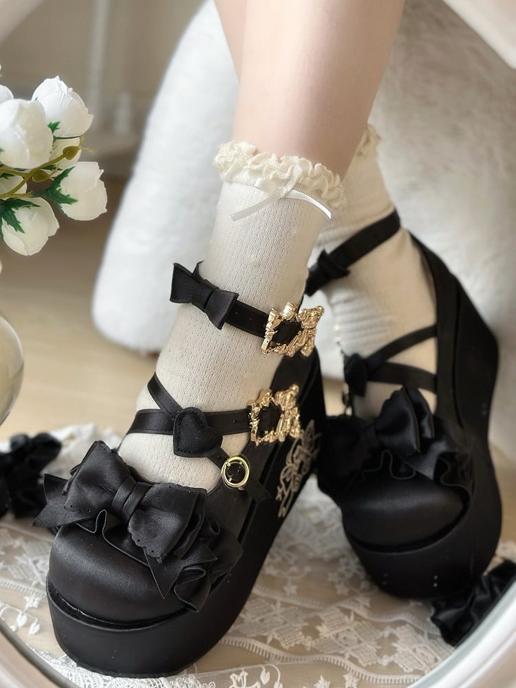 Black Bear Buckle Straps Bowknot Platform Shoes with Bear Embroidery