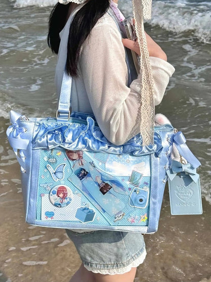 Blue Satin Ruffle Trims Self-tie Straps Ita Bag With Bow Card Holder