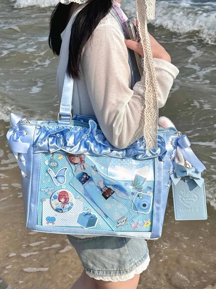 Blue Satin Ruffle Trims Self-tie Straps Ita Bag With Bow Card Holder