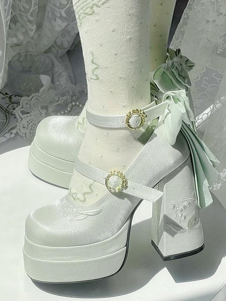 Light Green Detachable Bowknot Lily of the Valley Embroidery High Block Heel Platform Mary Janes