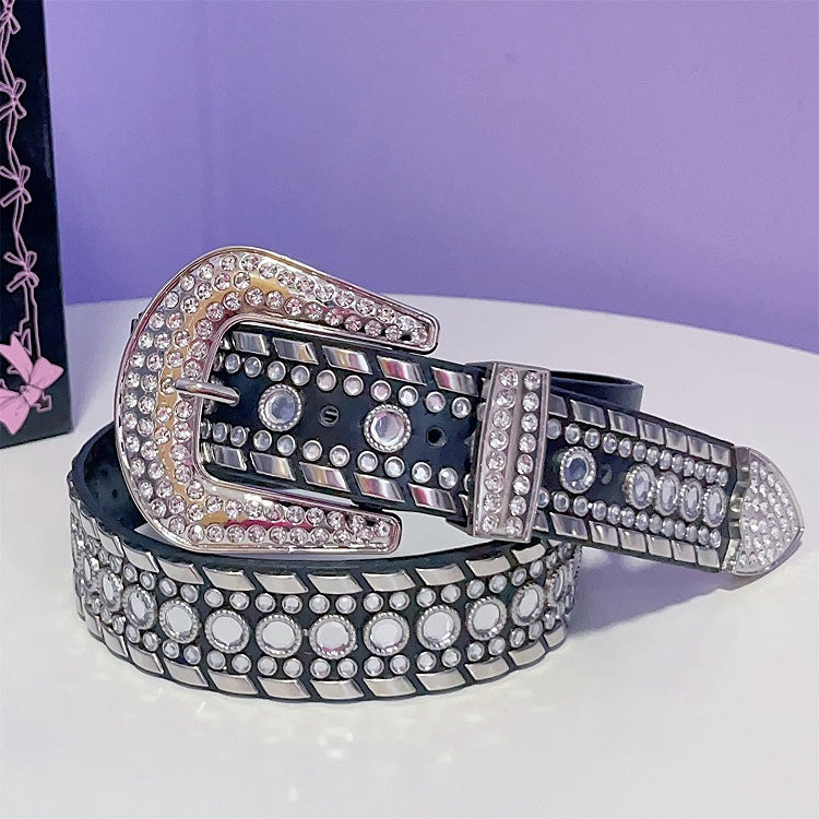 Black/White Punk Rhinestone Decorated Studs Details Waist Belt